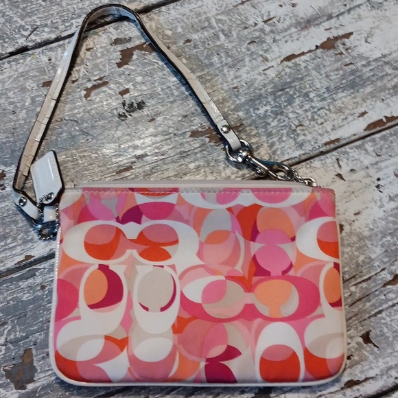 Coach Pink Orange White Logo Embossed Zip Wallet/Wristlet Vintage - Picture 9 of 11
